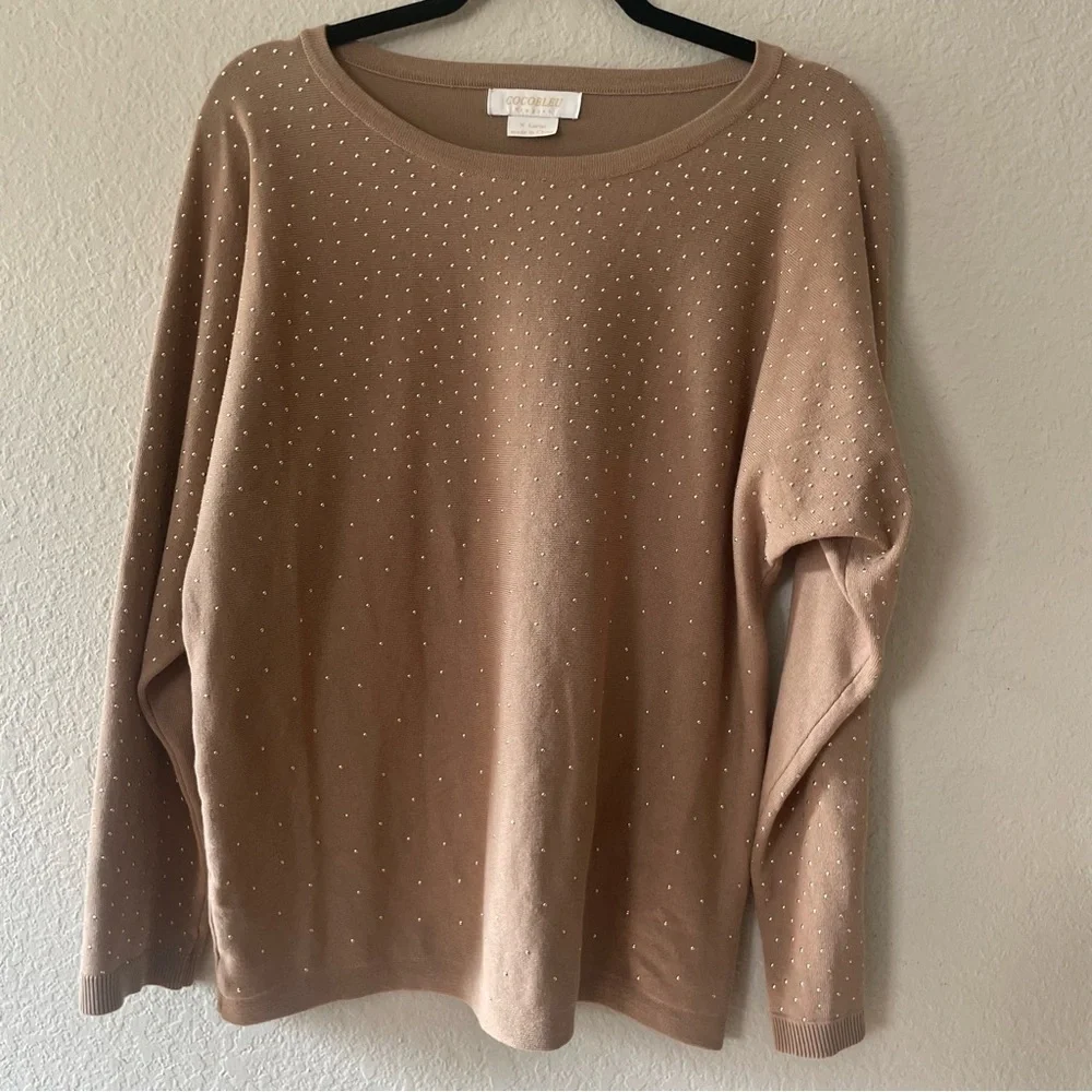 Cocobleu woman's brown rhinestone sweater top size XL brown pullover lightweight - Picture 10 of 11